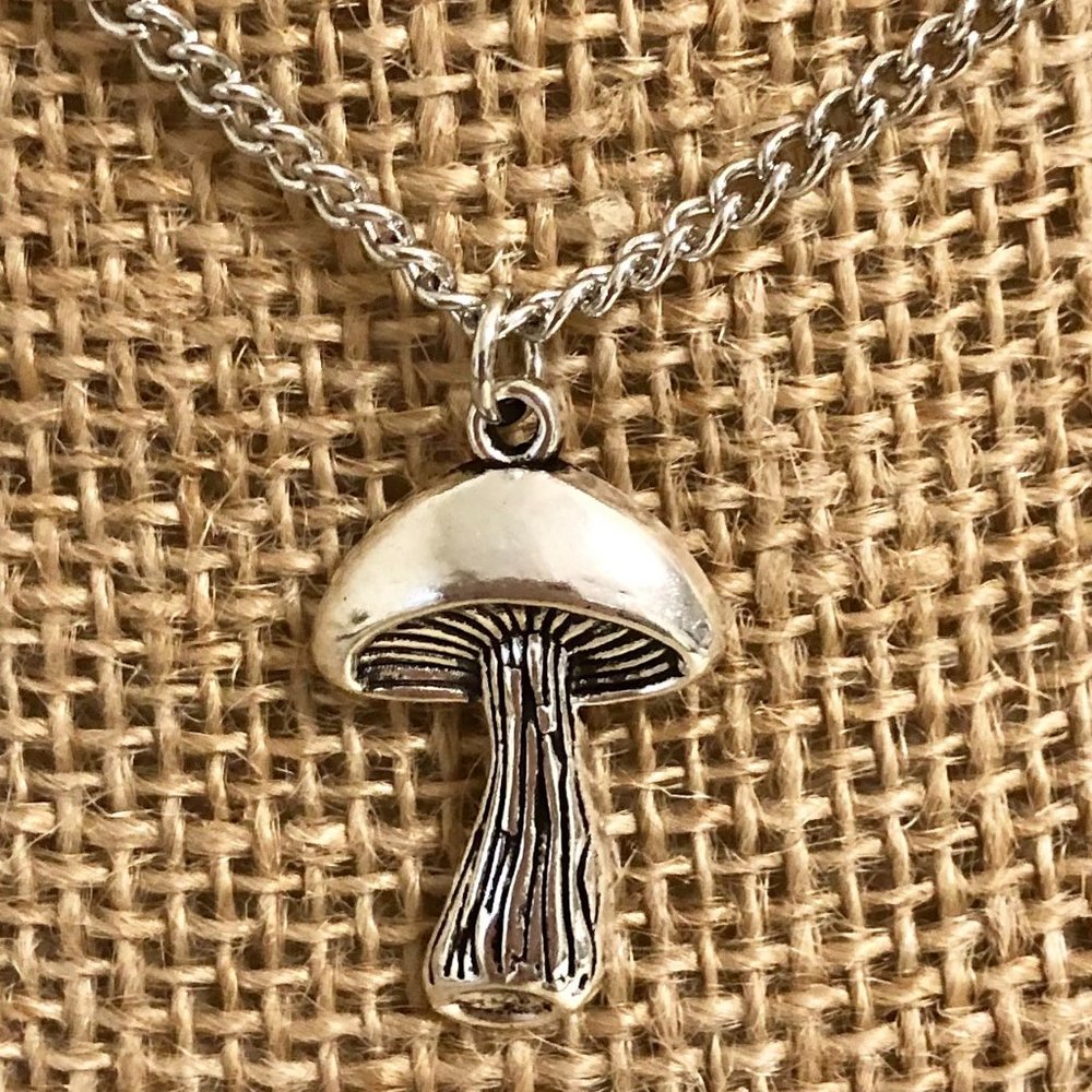 Mushroom Charm Necklace Silver Tone